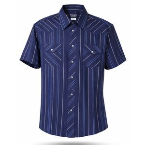 Wrangler Western Shirt Mens XL Blue Pearl Snap Short Sleeve Striped Rodeo